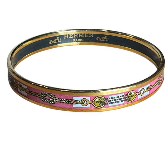 103. Hermes Paris Pink Enamel Gold Bangle Bracelet with Box - Picture 1 of 10